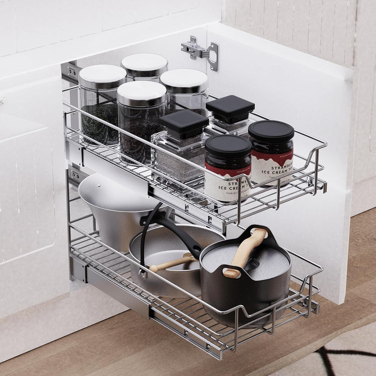 2 Tier Pull Out Cabinet Organizer 11" W X 22" D, Slide Out Drawers For Kitchen Cabinets, Pull Out Drawers For Cabinets Capacity Heavy Duty Caddy, Cabinet Pullout Shelves Chrome-Plated, Bathroom Pantry