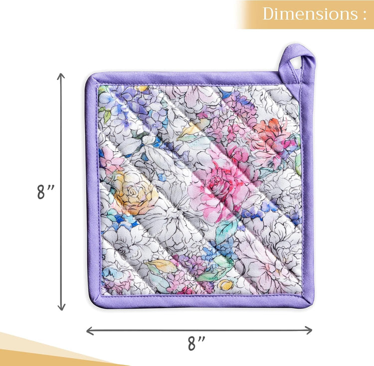 Maison d' Hermine Pot Holders Set 100% Cotton Heat Resistant Potholders 8" x 8" Hot Pads with Loop BBQ, Cooking, Baking, Grilling, Kitchen, Handling Hot Pans Spring/Summer (Pack of 2, Floral Love)