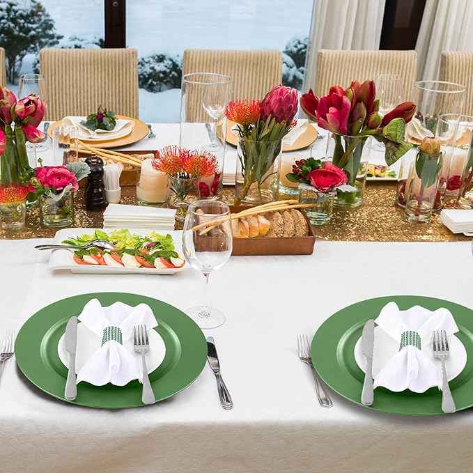 Tanlade 12 Pcs 13 Inch Charger Plates Bulk Round Wedding Chargers Plastic Dinner Plates for Table Setting Wedding Party Decoration (Green)