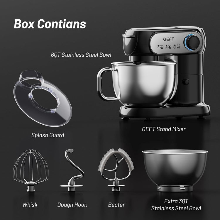 Stand Mixer, 3.5QT+6QT Two Bowls Kitchen Electric Mixer, 600W 6+P speed Tilt-Head Food Mixer with Stainless Steel Bowl, Dishwasher-Safe Dough Hook, Flat Beater, Wire Whisk, Splash Guard, Black