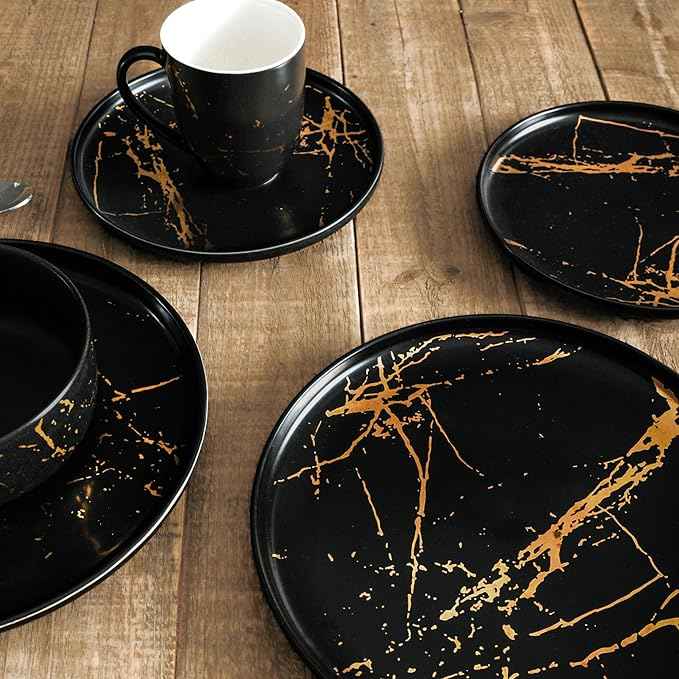 Stone Lain Porcelain 16 Piece Dinnerware set, 4 Full Black Gold Splash Sets