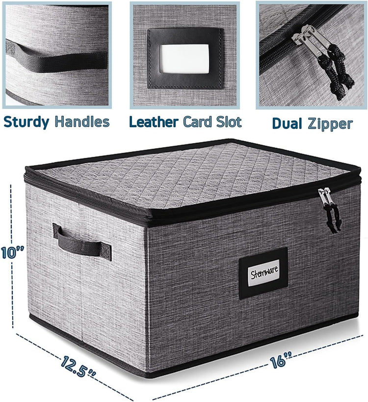 Hearth & Harbor Wine Glass Storage Box with Dividers, Quilted and Stackable Stemware Storage Cases, Service of 12 Glass China Container Hard Shell for Moving and Organization, Grey
