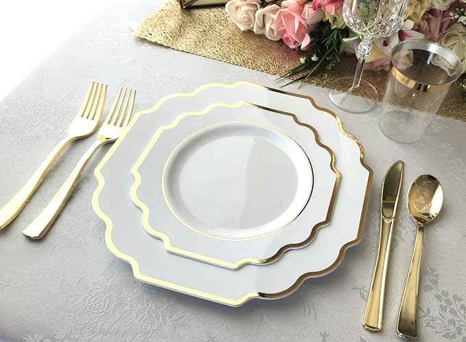 " OCCASIONS " 320 Piece set (40 Guests)-Heavyweight Wedding Party Disposable Plastic Plate Set - 40 x 10.5'' + 40 x 8'' + Silverware + Cups + Napkins (Imperial White & Gold)