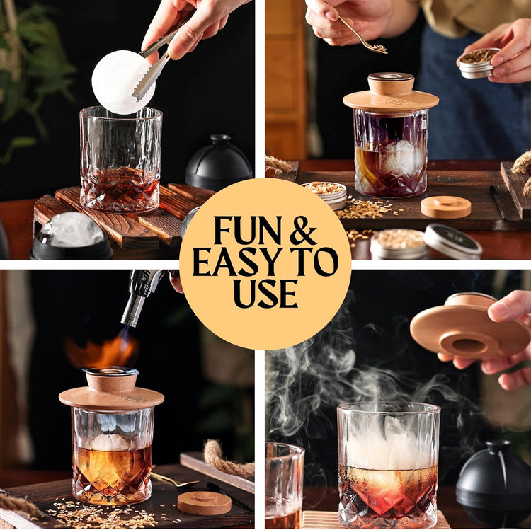 Cocktail Smoker Kit - Whiskey Bourbon Drink Smoker with Torch, Custom Top, 2 Ice Ball Makers, 4 Flavors Wood Chips - Smokers for Whiskey Drinks - Cocktail Drink Smoking Kit - Unique Gifts for Him