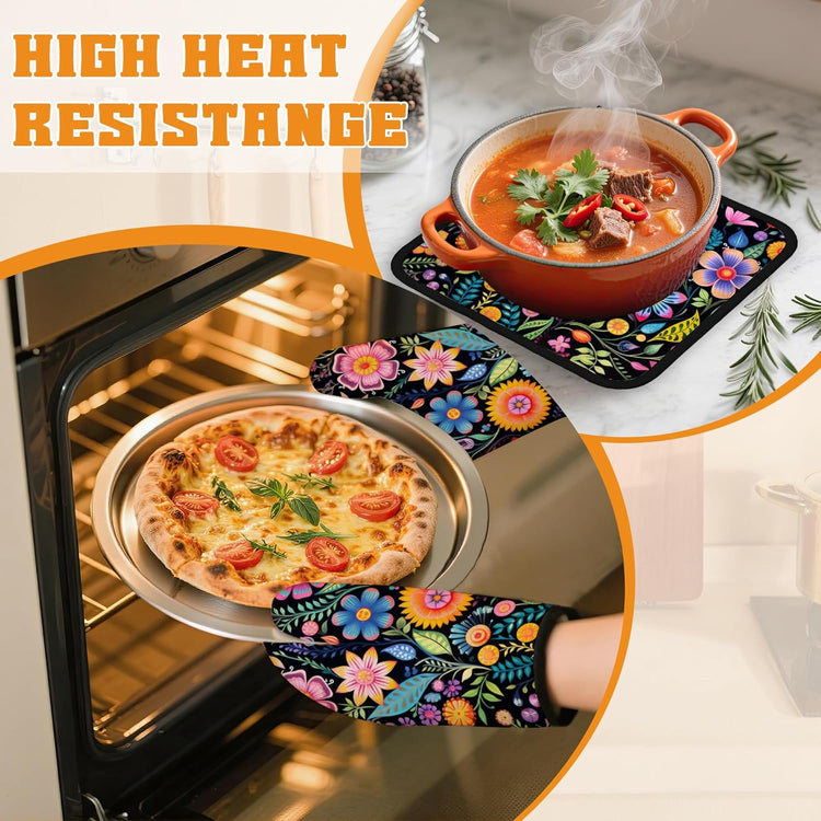 Vintage Hippie Flower Oven Mitts and Pot Holders,Heat Resistant Oven Mitts Gloves and Pot Holder for Home Kitchen Decorations Cooking Baking BBQ Gifts,Set of 4