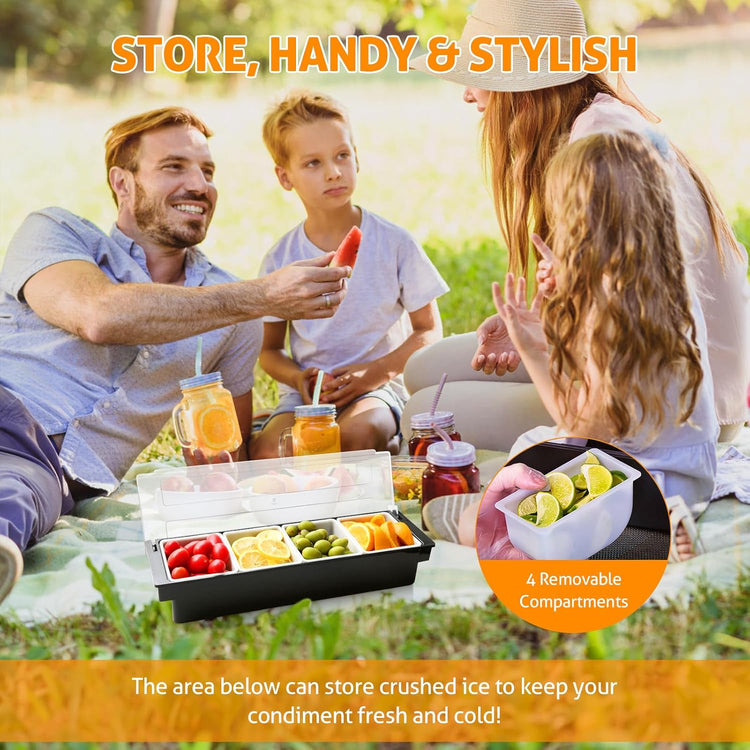 WICHEMI Condiment Container with Lid Ice Chilled Condiment Server with Ice Tray Fruit, Veggie & Condiment Caddy Plastic Garnish Station for Bartending Serving Taco, Salad Bar Container (4 Compartment)