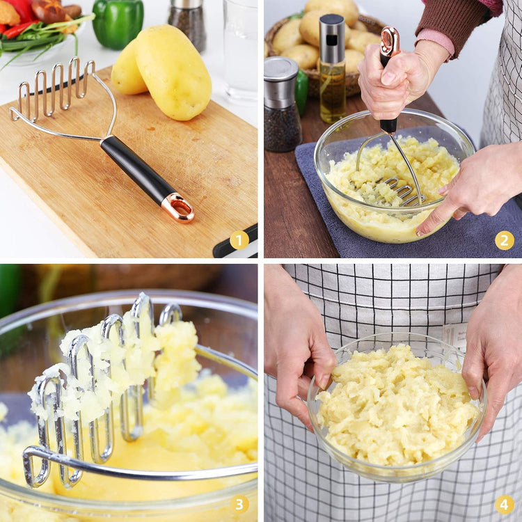 Potato Masher, Potato Masher Stainless Steel, Heavy Duty Mashed Potatoes Masher, Professional Metal Wire Masher Kitchen Tool for Bean, avocado, Vegetable-10.24 inch (Rose Gold)