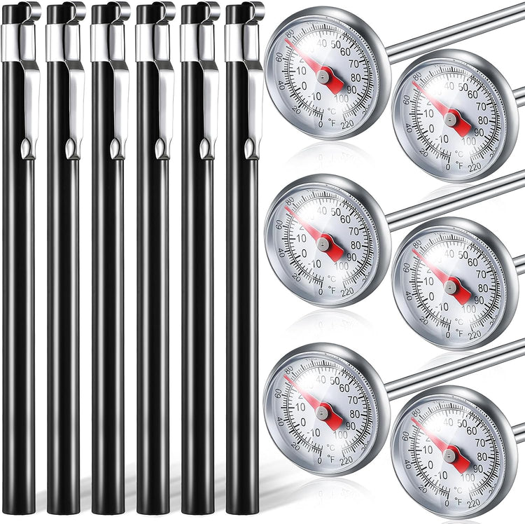 Xuhal 6 Pcs Stainless Steel Kitchen Thermometer with 5 Inch Long Stem 1 Inch Dial Thermometer Milk Frothing Food for Oven Probe Meat Grill BBQ Cooking Chocolate Water(Black)