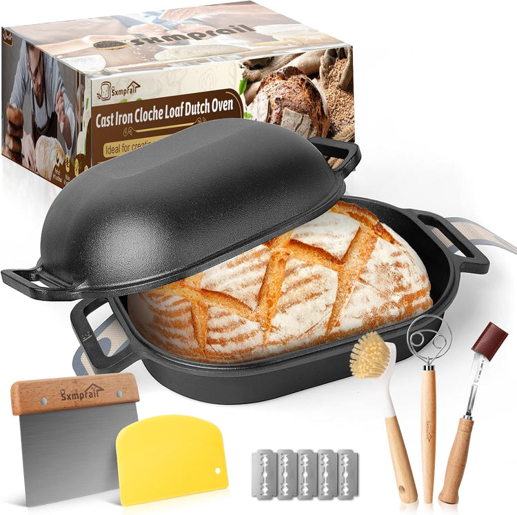 Cloche Loaf Dutch Oven, Pre-Seasoned, 7.4QT, 15 LBS Heavy Duty, Non-Stick, Large Bread Loaf Pan, Oval Cast Iron Bread Pan With Lid, Cloche Homemade Loaf Pan, Sourdough Artisan Bread Baking Pan