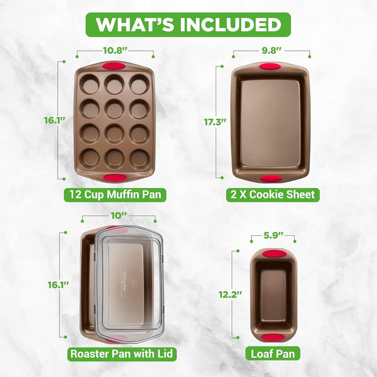 NutriChef 6-Piece Baking Pan Set - PFOA, PFOS, PTFE Free Flexible Nonstick Golden Coating Carbon Steel Bakeware - Professional Home Kitchen Bake Cookie Sheet Stackable Tray w/Red Silicone Handles