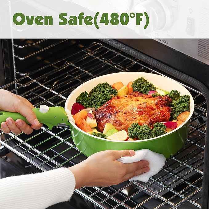 SENSARTE 17 Piece Ceramic Pots and Pans Set, Nonstick Detachable Handle Cookware, Induction Kitchen Cookware Set with Removable Handle, Dishwasher & Oven Safe (Green)