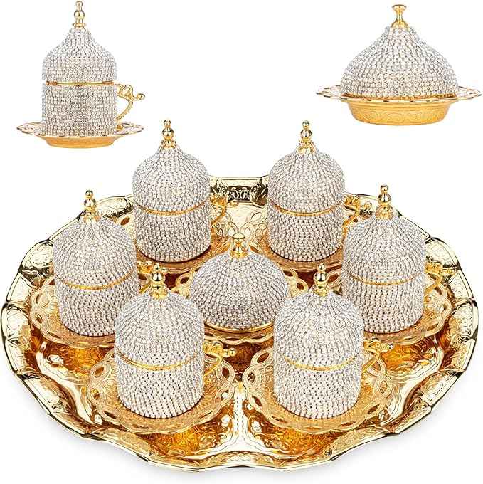 Alisveristime Crystal Embellished Turkish Coffee Set – 27 Pieces – Decorative Zamac Espresso Cups, Saucers and Sugar Bowl with Tray – Available in Three Color Variations (Gold)