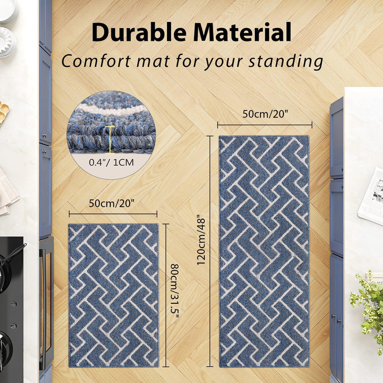 hicorfe Kitchen Rugs and Mats Sets,Non-Slip 2 Pieces Absorbent 100% Polypropylene Rug,Comfort Kitchen Runner Mat,Washable for Kitchen,Sink,Laundry(20" x 31.5" Plus 20" x 48",Navy Blue)