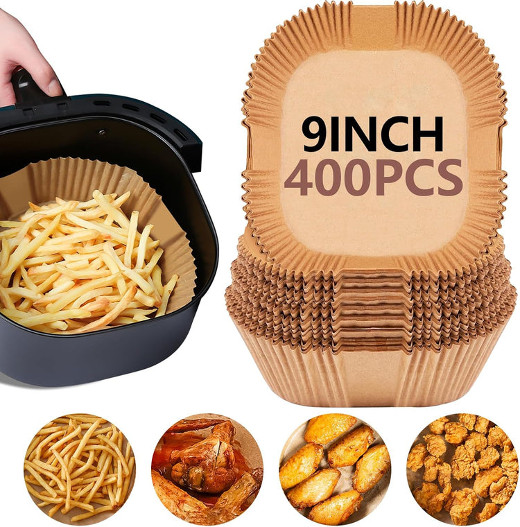 UBeesize 9 Inch Air Fryer Paper Liners, 400 PCS Parchment Paper, Air Fryer Disposable Paper Liners for Microwave, Non-Stick Sheets Square Free of Bleach(Bottom size 8 Inch)
