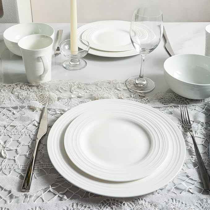Stone Lain Eleanor Bone China 16 Piece Dinnerware, Plates and Bowls for 4, White Dish Collection with Mugs, Elegant Swirl Design, Microwave & Dishwasher Safe