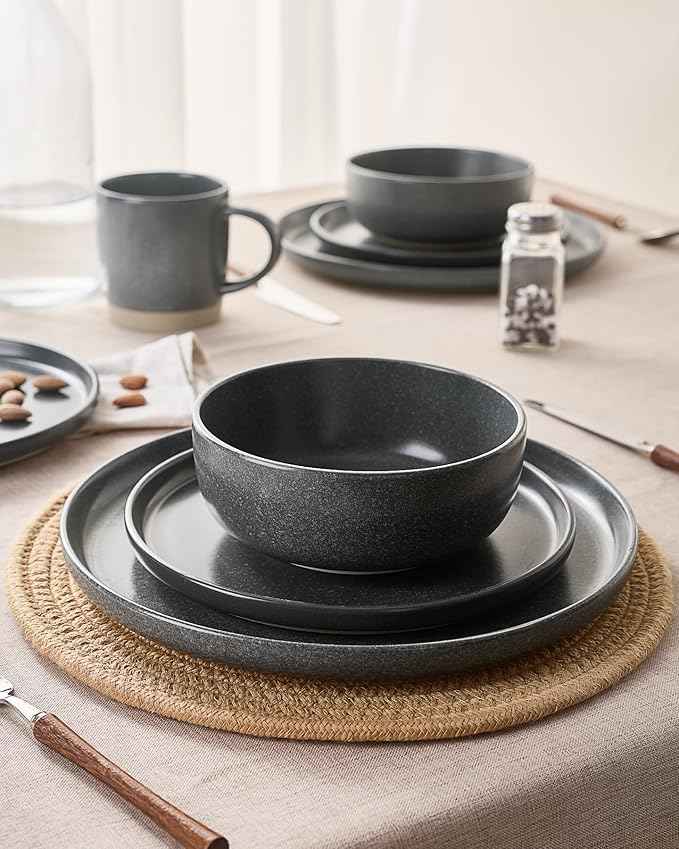Famiware Milkyway Stoneware Dinnerware Sets with Mugs, Service for 4 (16 Pieces), Reactive Glaze Plates and Bowls Sets, Microwave and Dishwasher Safe Dishes Set, Matte Dark Charcoal