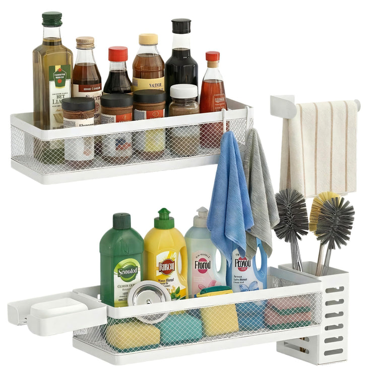 5-in-1 Wide Wall Mount Wrapped Mesh Kitchen Organizer & Shower Caddy Kit, with Paper Towel Holder, Utensil Holder, Soap Dish, Heavy Duty 50LBS - White, Netting