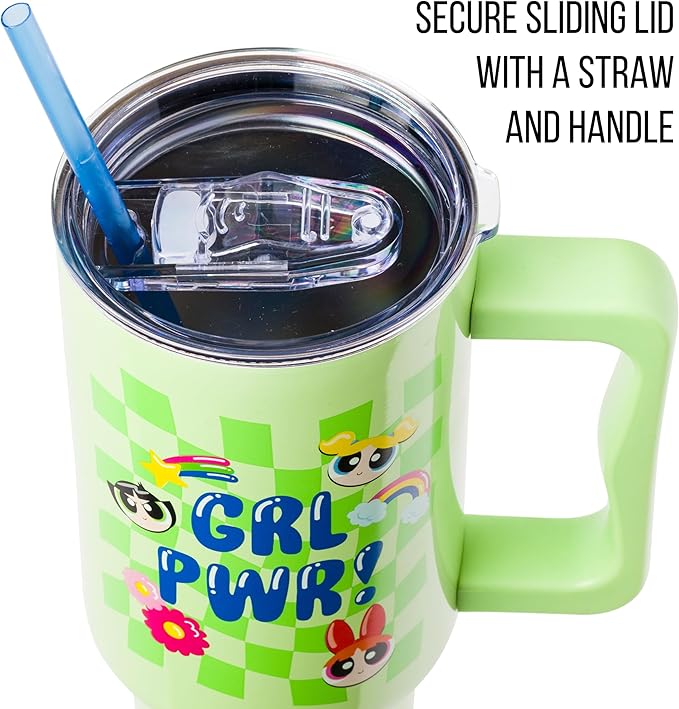 Silver Buffalo Powerpuff Girls Girl Power Groovy Retro Featuring Blossom, Bubbles, and Buttercup Double Walled Stainless Steel Tumbler with Handle and Straw, Fits in Standard Cup Holder, 40 Ounces