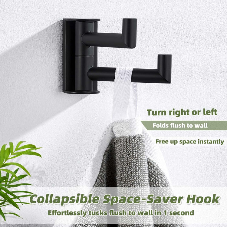 APLusee Swivel Towel Hook 2 Arms Matte Black, 304 Stainless Steel Bathroom Double Towel Holder, Folding Robe Hook Wall Mounted