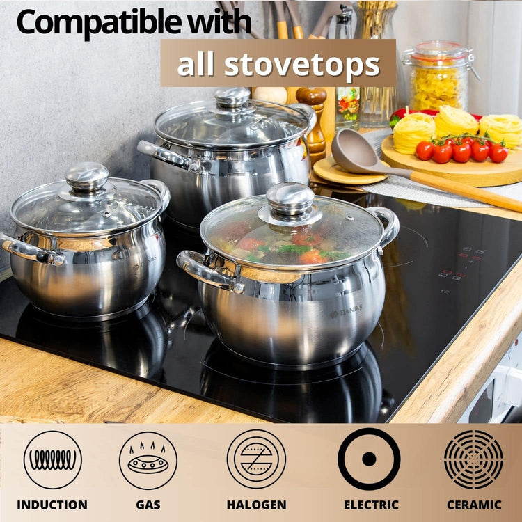 Daniks Classic Frying Pan Included, 12-Piece Stainless Steel Induction Cookware Set â Dishwasher Safe Pots and Saucepan with Lids, Measuring Scale, Silver
