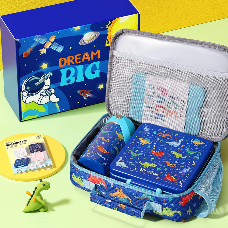 Fimibuke Kids Bento Lunch Box with 4 Compartments, Insulated lunch Bag, Stainless Steel Insulated Water Bottle, Ice Pack & Utensils Set, Birthday Gifts for Ages 3-12 Back to School Toddler Girls Boys