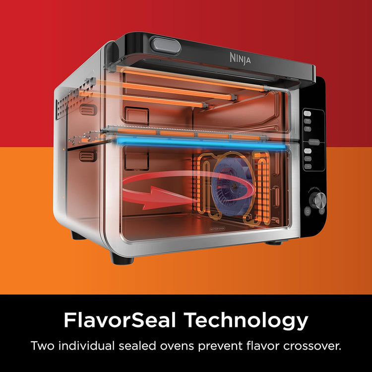 Ninja DCT451 12-in-1 Smart Double Oven with FlexDoor, Thermometer, FlavorSeal, Smart Finish, Rapid Top Convection and Air Fry Bottom , Stainless Steel