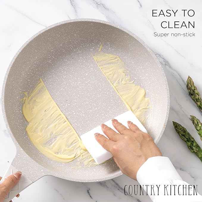 Country Kitchen Non-Stick Cast Aluminum Cookware Set - Durable Kitchen Cookware for Everyday Cooking, Cream Rhombus, 11 Pc.