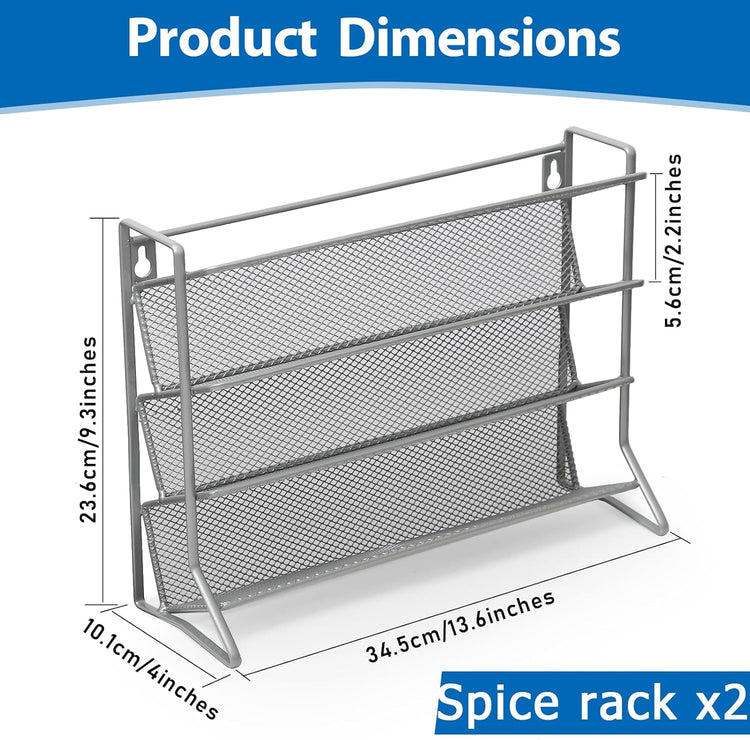 2PCS 4Tier Spice Rack for Counter Free Standing,Spice Rack for Inside Cupboard Hanging Wall Mounted Spice Seasoning Organiser Spice Jars Bottle Organizer for Kitchen Pantry(Silver)