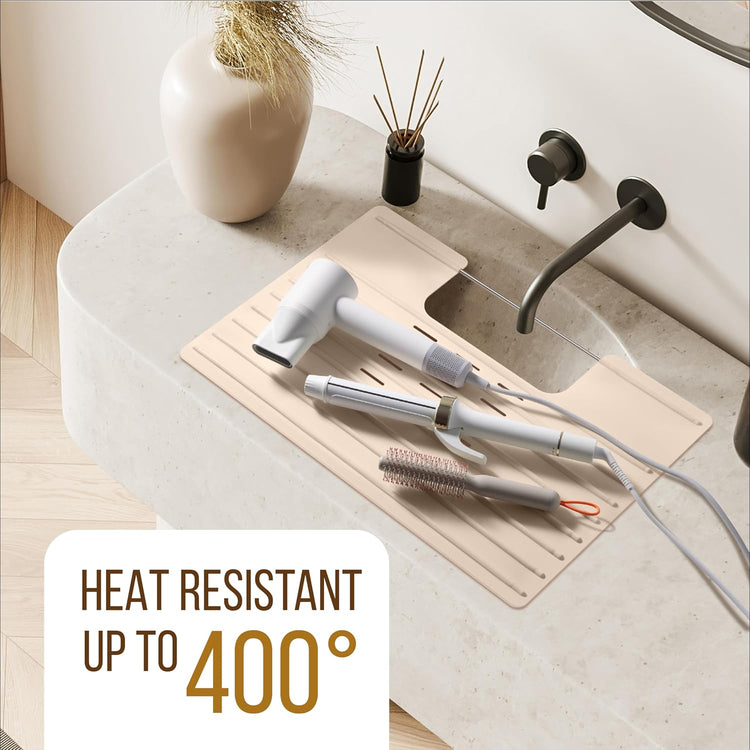 Maplefield Bathroom Sink Mat Cover - Small Beige Silicone - Heat Resistant up to 400°F - Foldable Oval Sink Cover & Makeup Mat with Raised Ridges