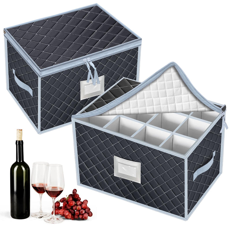 Wine Glass Storage Box with Dividers Holds 24 Stemware Storage Cases or China Crystal Glassware Containers with Handles and Lable Window (2 Count)