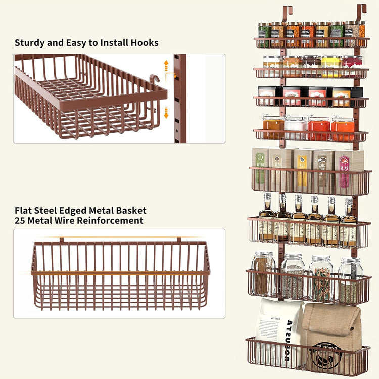 Moforoco Over The Door Pantry Organizer, Pantry Door Organizer Shelves, Kitchen Organizers and Storage, Hanging Basket Wall Spice Rack Seasoning Shelves, Laundry Room Bathroom accessories(Brown )