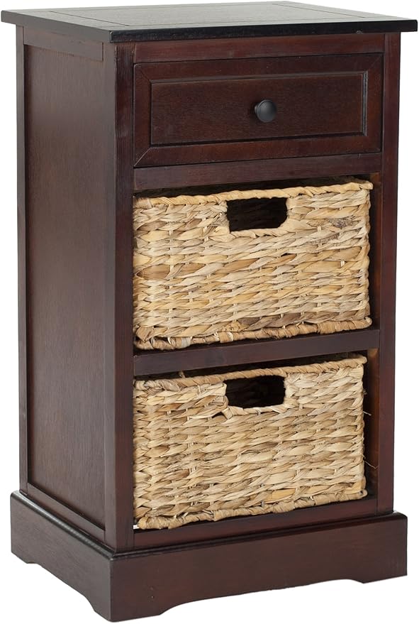 SAFAVIEH Home Collection Carrie Dark Cherry / Natural Wicker 3-Drawer Storage Nightstand Side Table (Fully Assembled)