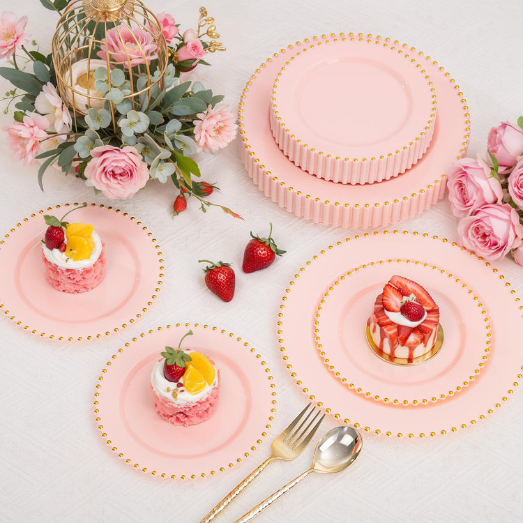 100pcs Pink Plastic Plates with Gold Beads Plastic Wedding Plates (100 Count)