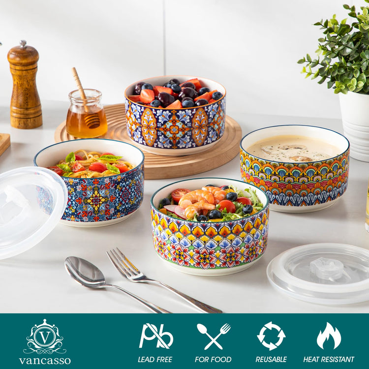 SIMI 36 oz Ceramic Bowls with Lids Set of 4 (4 Count)