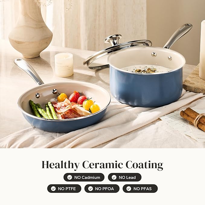 Redchef Sauce Pan Cookware Set, 8" Non-Stick Ceramic Frying Pan & 2.5QT Saucepans with Tempered Glass Lid, Stay-Cool Handle, Non Toxic PTFE & PFOA Free, Oven Safe & Stovetop Suitable, Blue