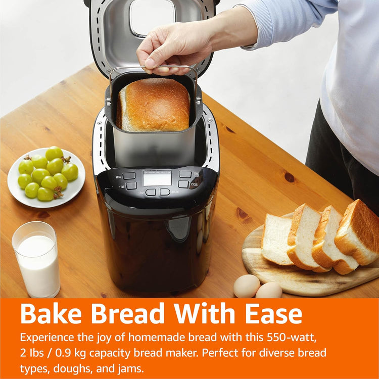 Amazon Basics Programmable Bread Maker, 2 Pound Non-Stick Automatic Bread Making Machine, 14 Settings for Breads, Doughs, Gluten-Free Options and More, LCD Display, Black