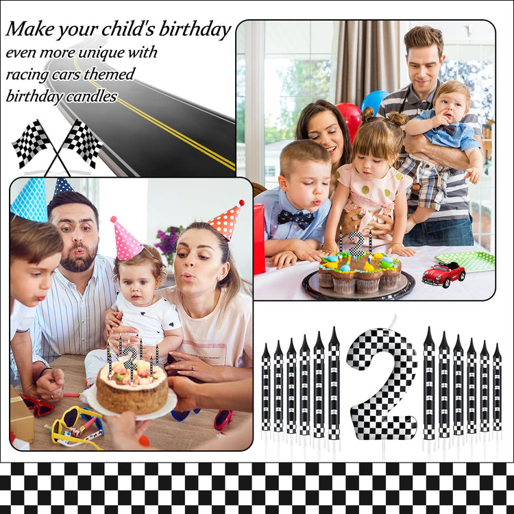 13 Pcs Racing Cars Themed Birthday Candles Black and White Race Number 2 Checkered Candle Cake Topper for Racing Car Party Decoration Supplies (13 Count)