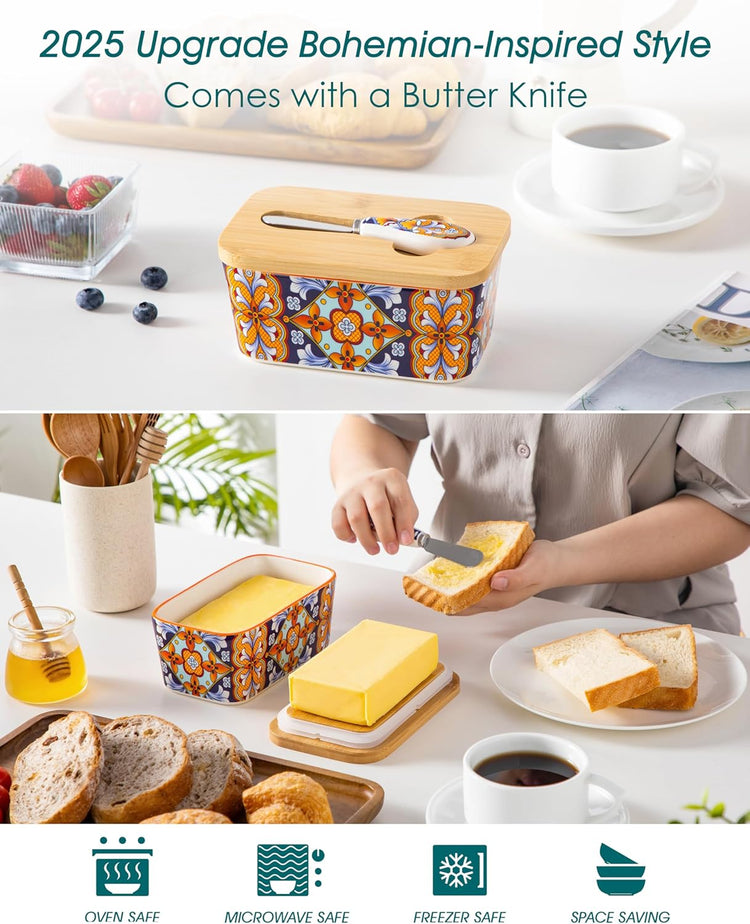 vancasso SIMI Butter Dish with Lid, 6.5" Large Butter Dish for Countertop, Bohemian Ceramic Butter Keeper Container with Knife and Bamboo Lid, Butter Holder for Counter, Amber Elegance