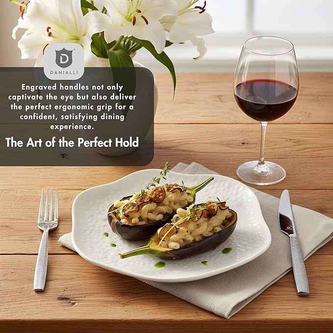 Engraved Silverware Set for 8 | 18/10 Stainless Steel Flatware with Mirror Finish and Engraved Handles | Heavy-Duty, Dishwasher Safe, Built to Last (40-Piece, Mezzano Engraved)