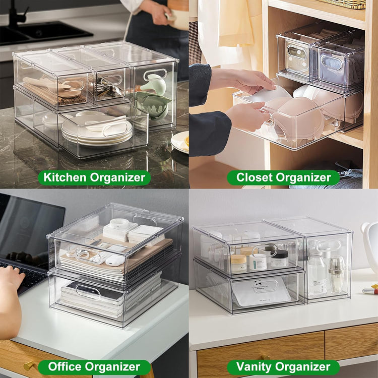 Taiuloo 3 Pack Stackable Refrigerator Organizer Bins with Pull-Out Drawer, Clear BPA-Free Food Storage Containers for Fridge Freezer, Kitchen Pantry Cabinet & Bathroom Vanity Organization