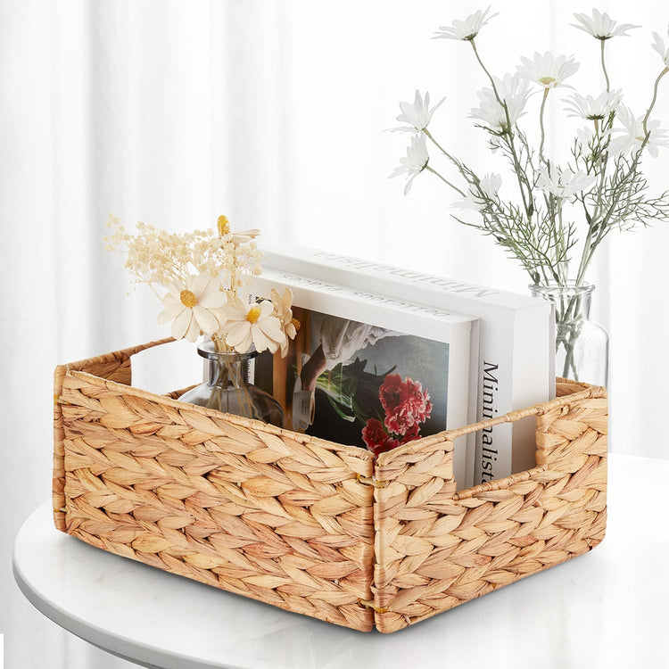 BLUEWEST Water Hyacinth Storage Baskets (Set of 6) β Woven Hyacinth Organizer with Carrying Handles, Laundry Basket for Organizing, Rattan Bin for Shelves