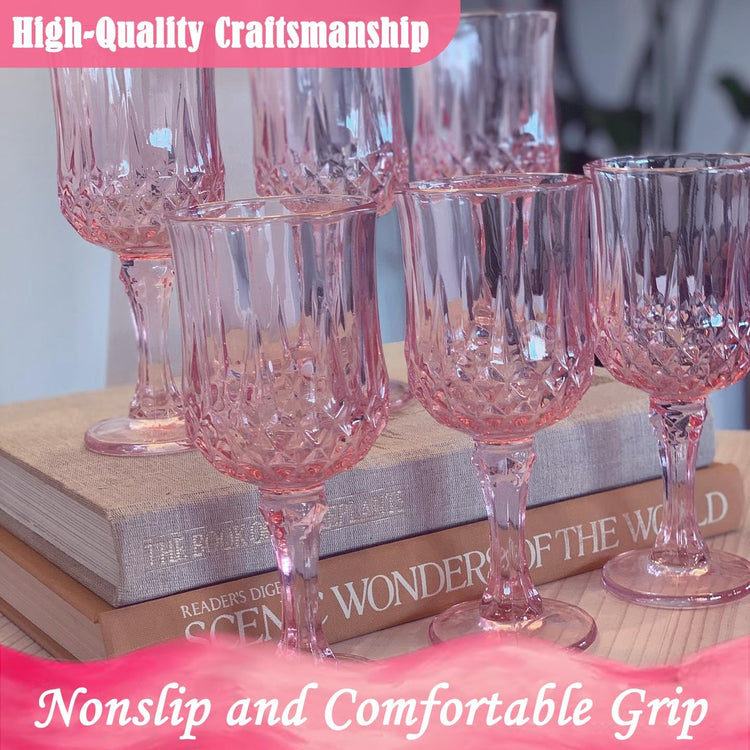 Plastic Wine Glasses,Plastic Goblets Vintage Style Cordial Drinking Glasses for Wedding Reception, Grand Event Party Supplies (12, Pink)