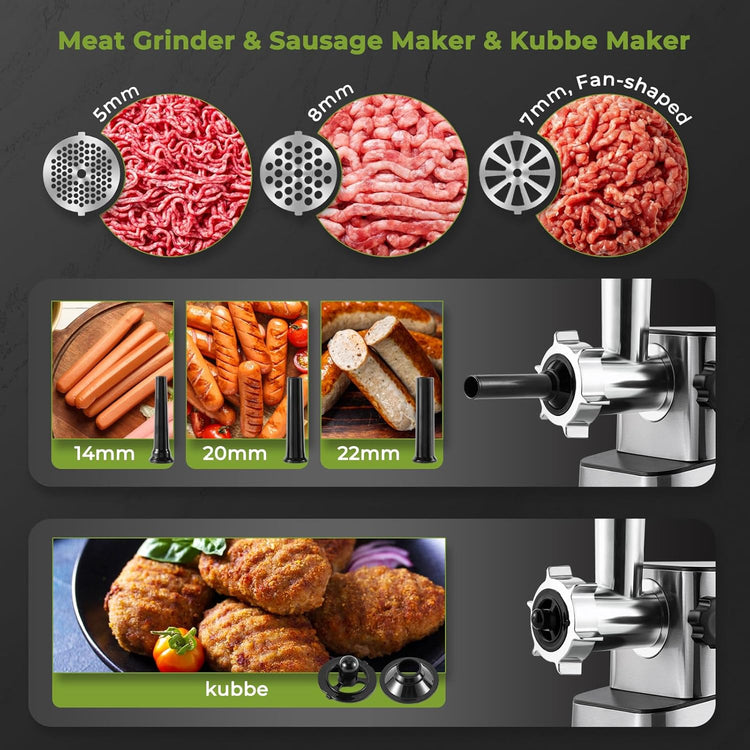 Meat Grinder Electric 3200w High Capacity Storage Commercial Heavy Duty Meat Grinder, Veggie Slicer, Ice Cutter, Cheese Grater, Sausage Stuffers, Kubbe Kit for Home Use & Commercial