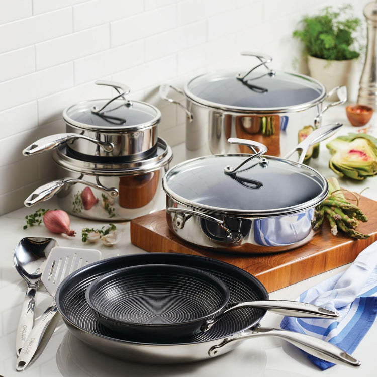 Clad Stainless Steel Cookware Pots and Pans and Utensil Set with Hybrid SteelShield and Nonstick Technology