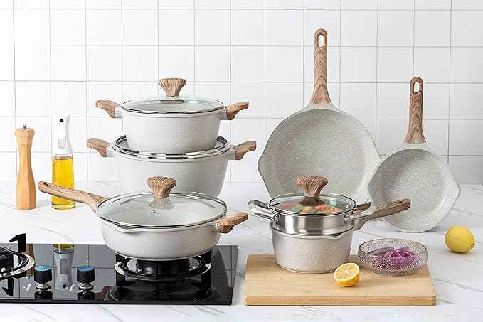Country Kitchen Non-Stick Cast Aluminum Cookware Set - Durable Kitchen Cookware for Everyday Cooking, Cream, 11 Pc.