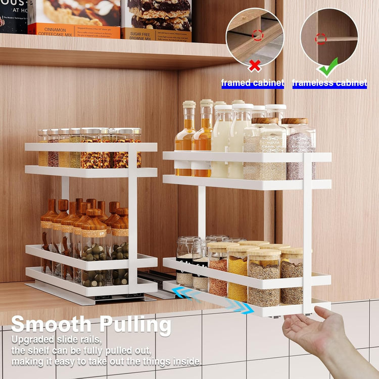 Pull Out Spice Rack Organizer for Cabinet, 2 Tier Metal Slide Out Seasoning Organizer and Storage Heavy Duty Vertical Spice Rack Shelf Pullout for Kitchen Cabinets No Drilling(1 Pack, White)