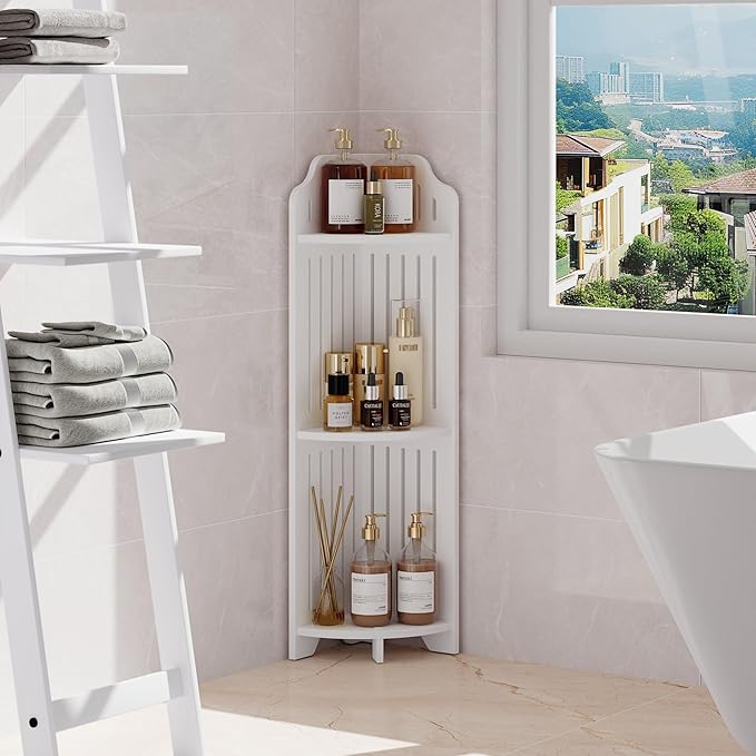 VECELO 3-Tier Bathroom Shelves for Narrow Space, Modern Corner Shelf Stand,Small Storage Organizer for Bathroom,Toilet Paper Stand,White