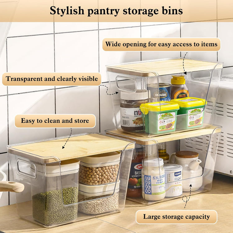 4 Set Stackable Storage with Removable Bamboo Cover, Plastic Container for Kitchen Organizers, Clear Front Open More Easy Access Bins Storage for Pantry, Potato, Onion, Garlic, Fruits, Vegetable
