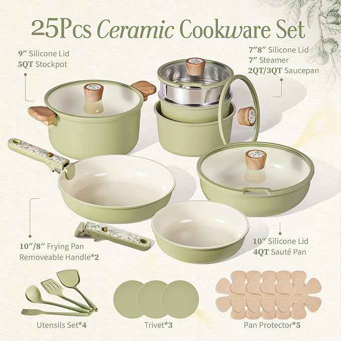 CAROTE 25-Piece Ceramic Cookware Set, Nonstick Pots and Pans Set with Detachable Handle, Non-Toxic Kitchen Cooking Set, Dishwasher & Oven Safe, Induction Compatible, PFAS Free, Green