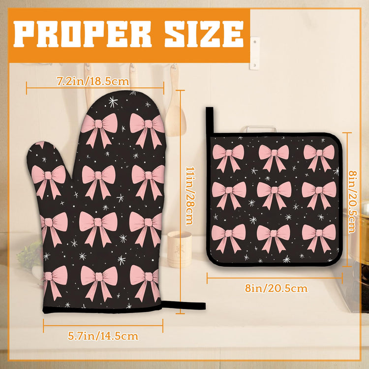 Cute Pink Bow Oven Mitts and Pot Holders (4 Count)